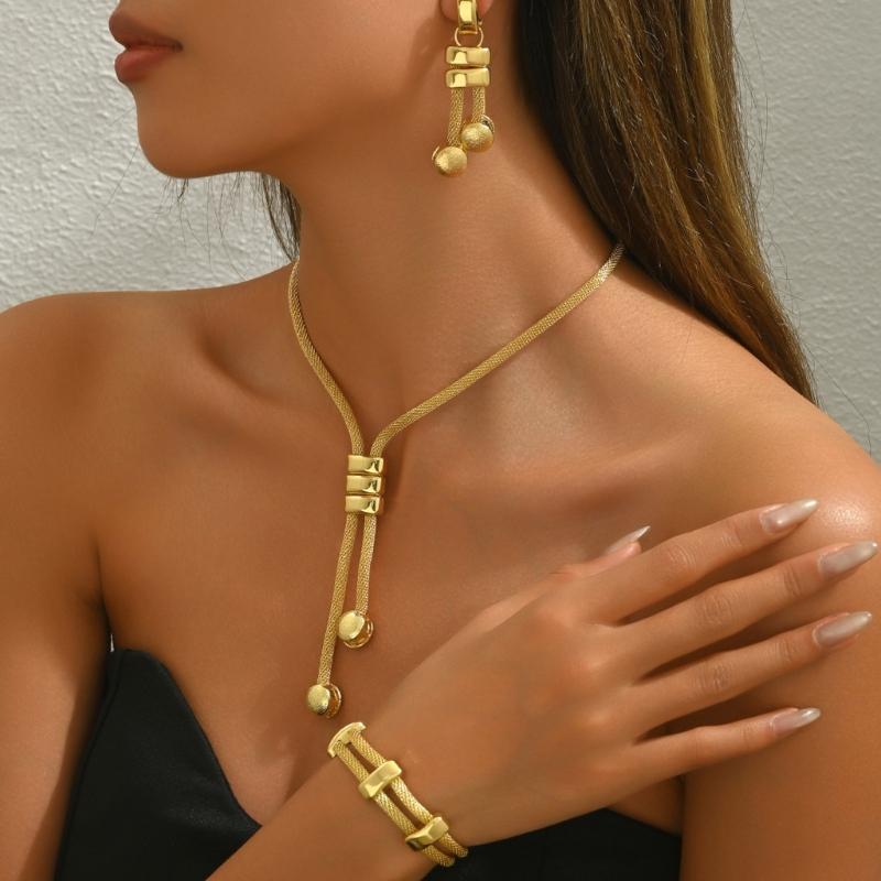 Modern Alloy Jewelry Trio Long Pendant Necklace Earrings Bracelet Set for Everyday Wear Parties Business Event