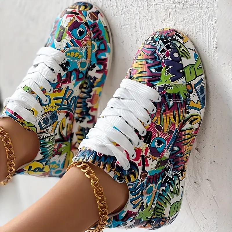 Sportschuhe für Damen mit Graffiti-Aufdruck, modische Schnürschuhe, niedriger Schnitt, dicke Sohle, lässige Skateboardschuhe