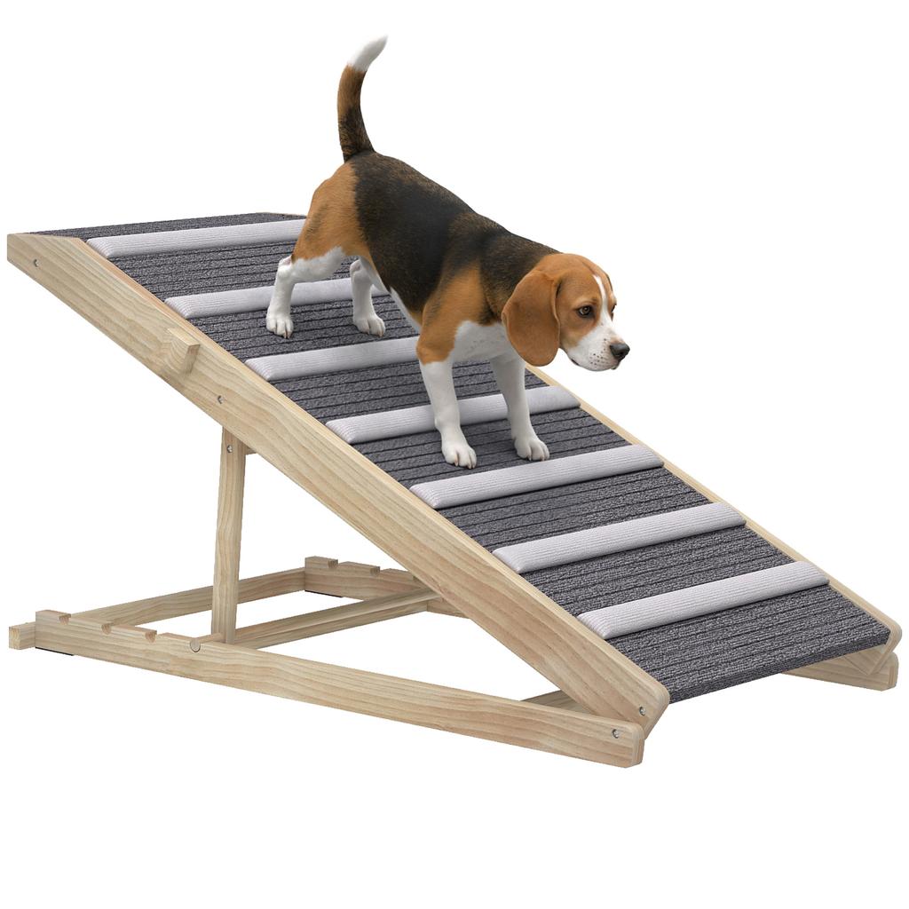 Dog Ramp, Wooden, Non-Slip Mats, 4 Heights 35-50 cm, 100 x 50 x 50 cm, Natural and Gray Wood
