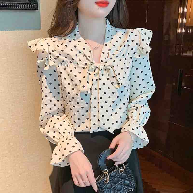 Fashion New 2024 Autumn Long Sleeve Bow Collar Casual Ruffles Dot Chiffon Blouse Shirt Women Tops Blouses Shirts J565