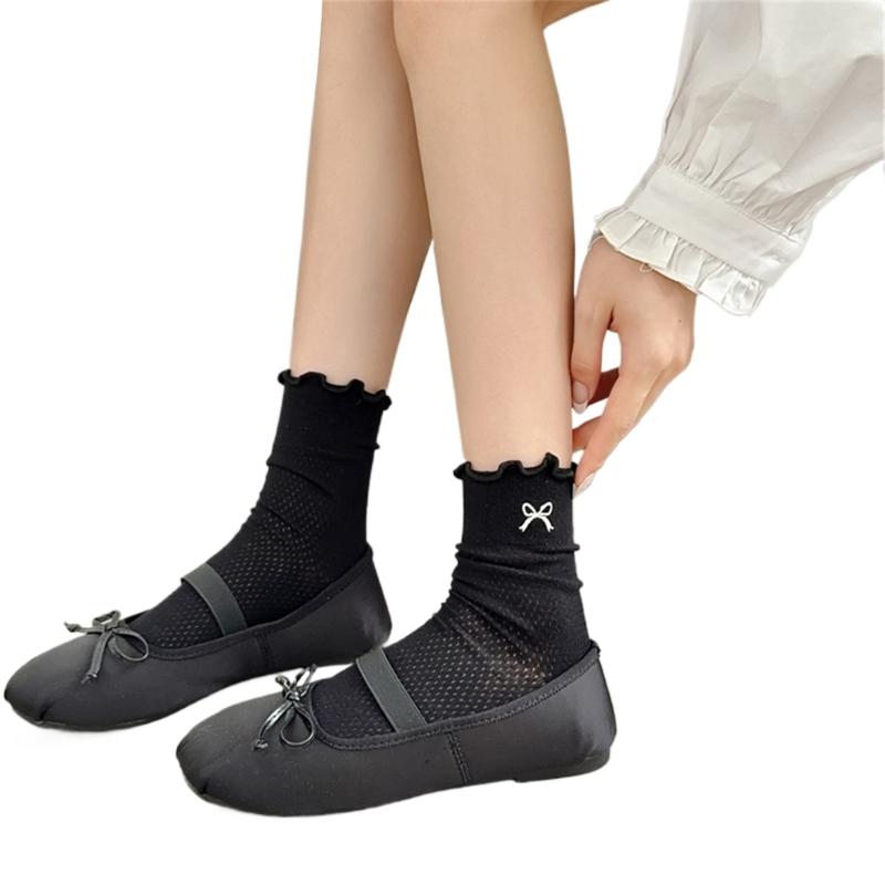 Ruffle Frilly Edge Cotton Middle Tube Socks with Embroidered Bowknot Detail Breathable Mesh Calf Socks for Stylish Women чёрный