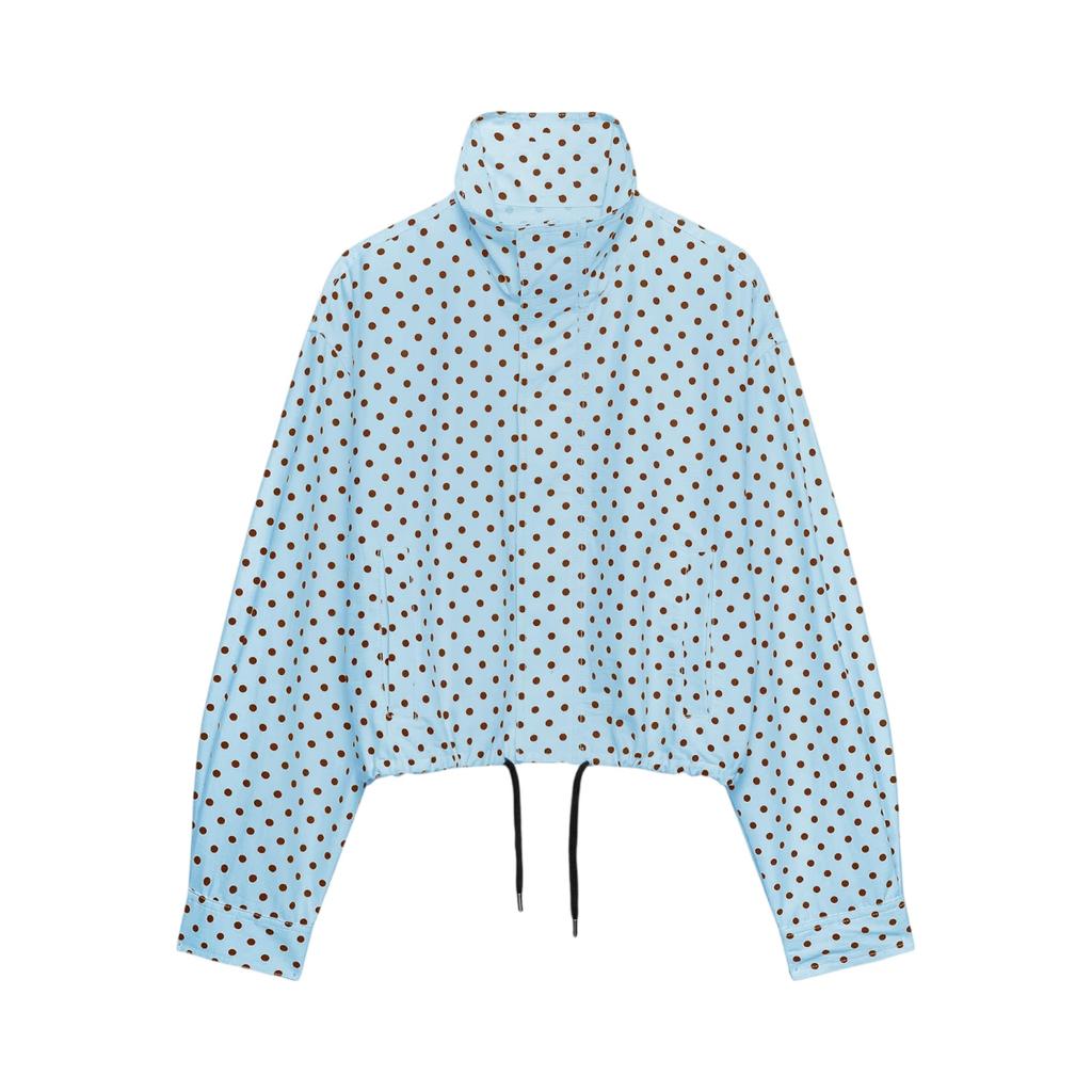 Chaqueta Ligera de Mujer con Cuello Alto, Lunares, Mangas Abullonadas, Dobladillo con Cordón, Ropa Exterior Casual