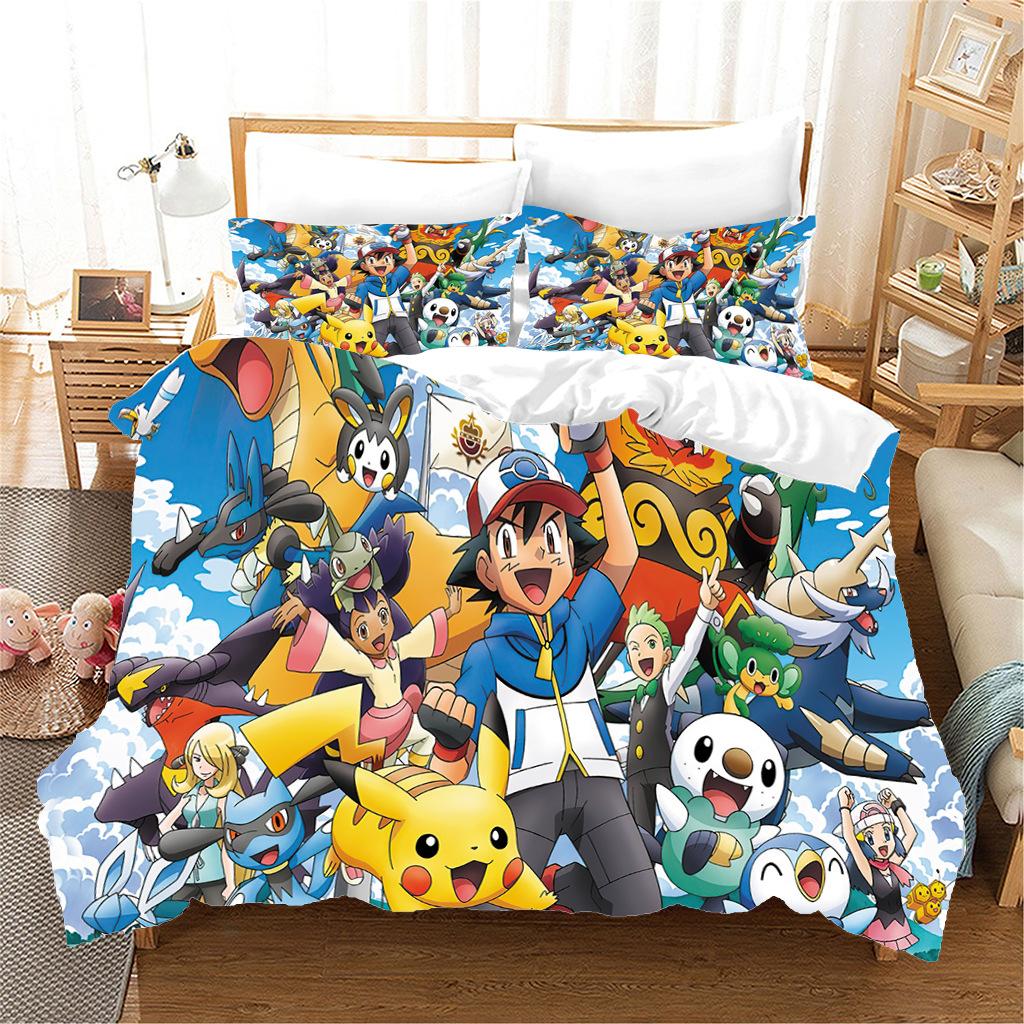 Anime P-Pokémon Printed Bedding Set New Ash Ketchum Pikachu Duvet Cover Comforter Pillowcase Boys Girls Children Adults King Gif
