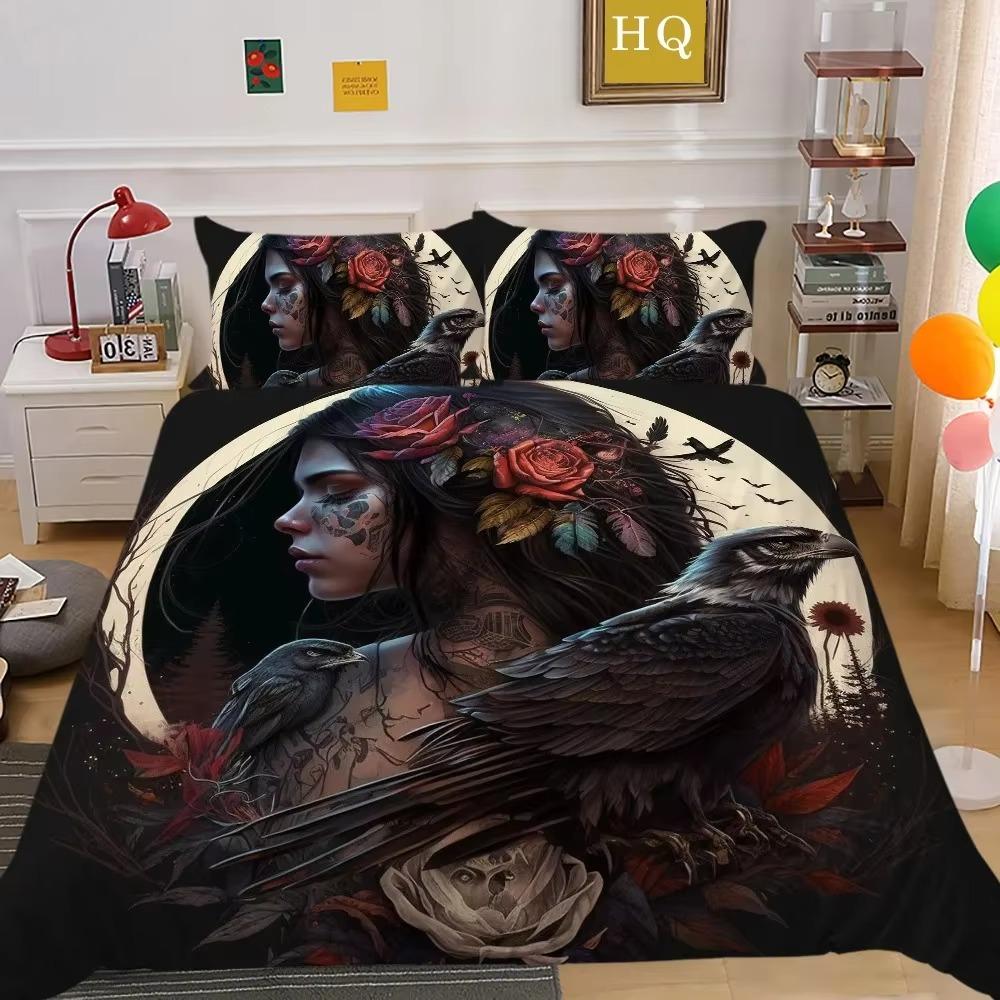 Skull and Beauty Duvet Cover Set Full Size Gothic Sugar Skull Angels and Demons Bedding Set with Pillowcase Twin Double Bed Sets