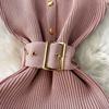 Summer Women Sleeveless Single Breasted Office Work Knitted Sweater Sheath Dresses with Belt