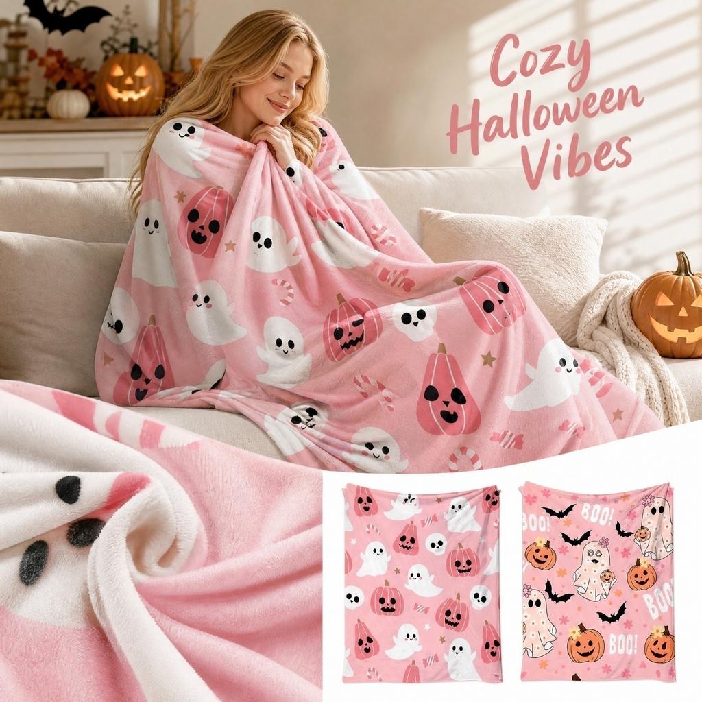 Flannel Halloween Throw Blanket with and Pumpkin Print for Couch, Home, Car Travel