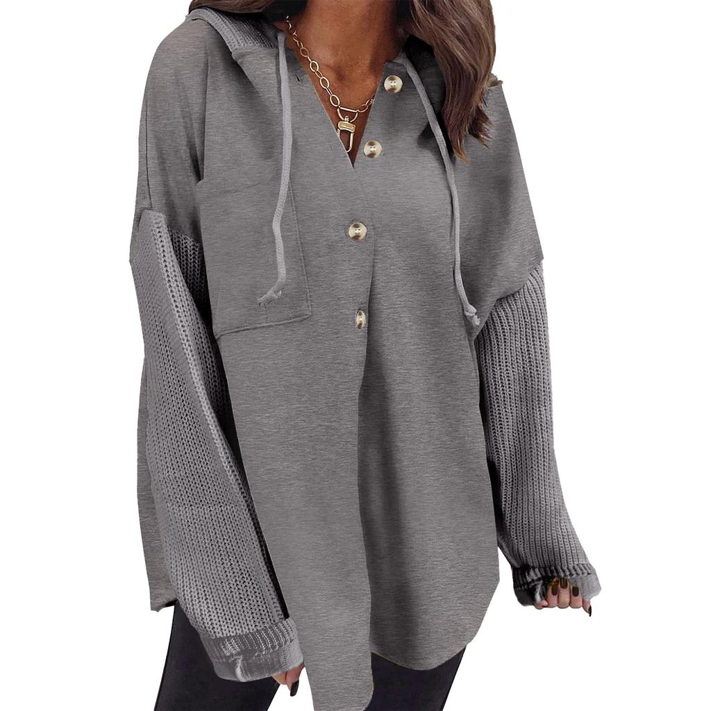 Women's Oversized Casual Long-Sleeve Button-Up Hoodie Knit Patchwork Hoodie With Pockets