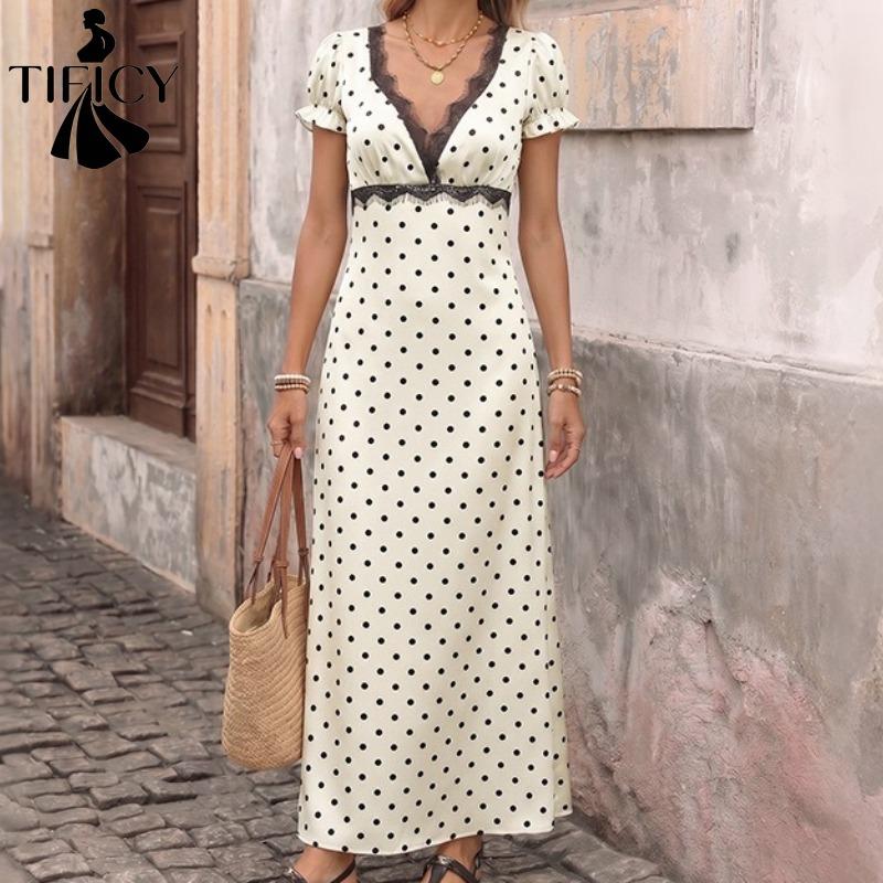 Damenmode Sommer Frühling Polka Dot Print Kurzarm V-Ausschnitt Hohe Taille Freizeitkleider