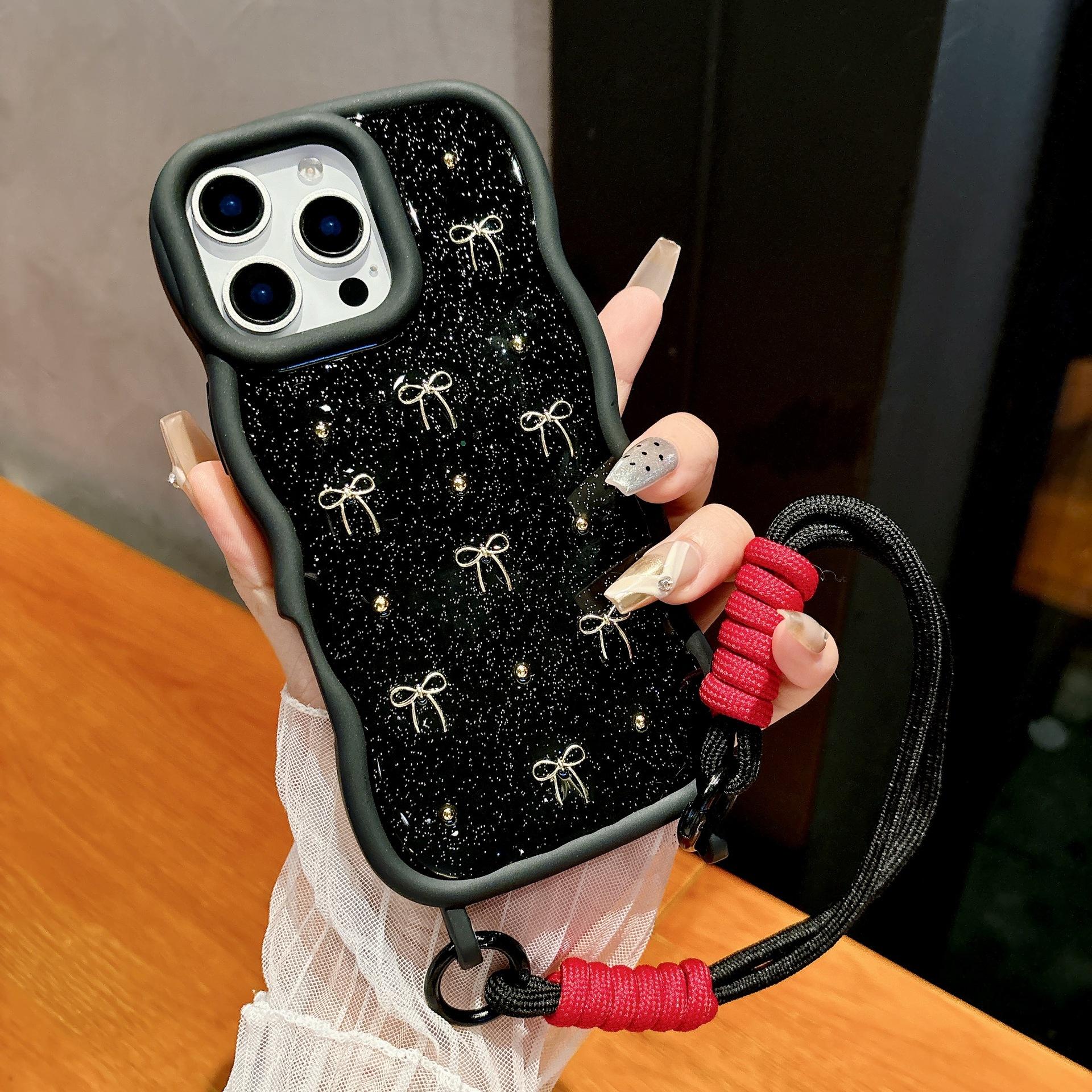 

Bow Tie for Apple 17 Promax Wavy Phone Case for IPhone 16 Epoxy 15 Lanyard For iPhone13Promax