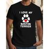 European Sizes 1pc Men'S Casual Crew Neck T-Shirt - "I Love My Boston Terrier" Print,  Knit Fabric with Slight Stretch, Regular Fit, Geometric Pattern