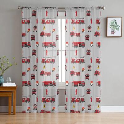 Cartoon Feuerwehrauto Grau Transparente Vorhänge für Schlafzimmer Wohnzimmer Dekoration Fenster Vorhang für Küche Tüll Voile Organza Drapierungen
