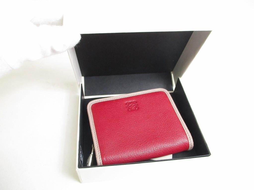 Authentic LOEWE Wine Red Purple Leather Silver H/W Round Zip Coin Purse #a529  Open box