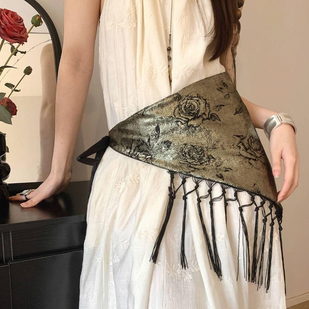 Chinese Style Triangular Waist Belt Printing Ethnic Style Trim Butt Curtain Irregular Hem Ruched Triangular Waistband Adult