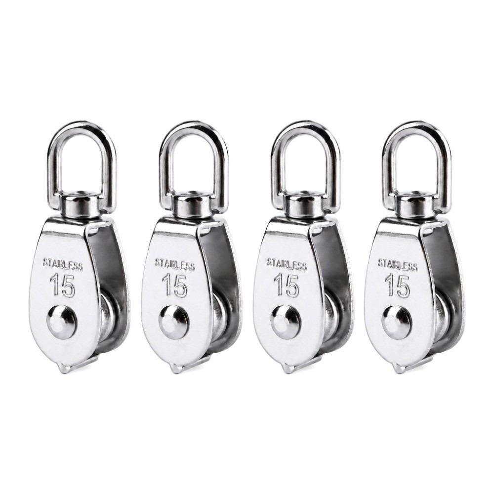 4pcs Silver Single Wheel Pulley 304 Stainless Steel Rope Pulley Block Snap Hook Pulley Hanging