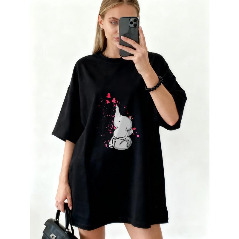 Oversized T Shirt Black Cute Elephant With Hearts And R I P Text Casual Streetwear For Women