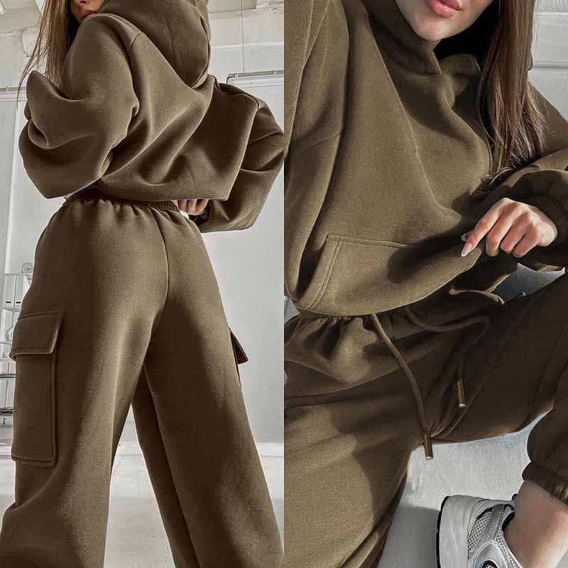 Autumn Winter 2 Pieces Set Women Tracksuit Fleece Long Sleeve Warm Hoodies And Jogger Pants Casual Set Solid Outfit Sport Suit