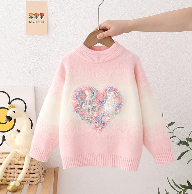 Herbst Winter Kinderpullover Mädchen Rundhals Strickware Nerzdaune Kinder Western Cartoon Langarm