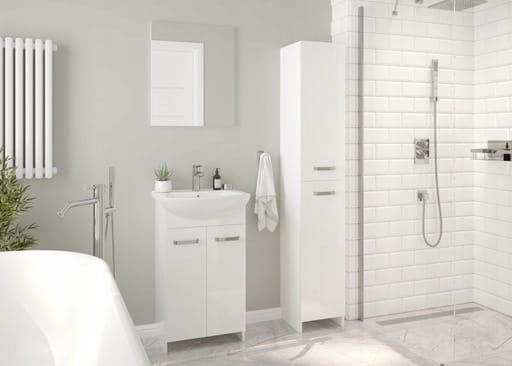 Bathroom cabinet with a washbasin on legs 85x50, standing, white Mila, with an elongated chrome tap