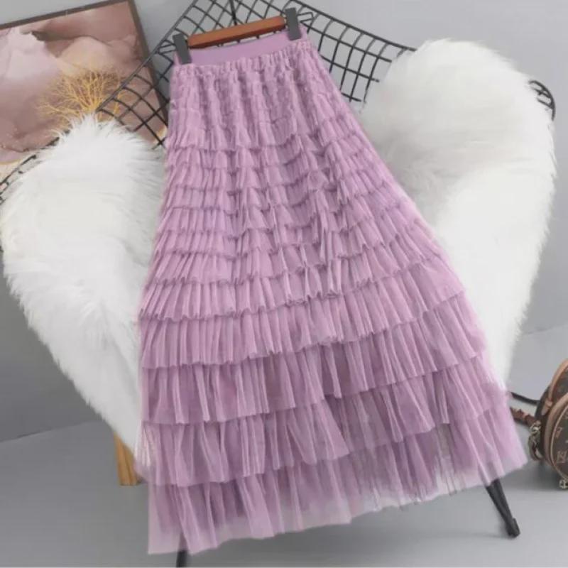 Fustă lungă bufantă neagră cu strat de plasă, stil nou 2025 pentru femei