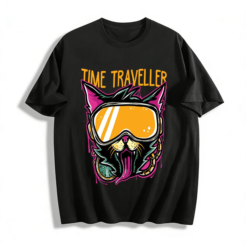 Funny Time Traveller Cat Print Trendy Casual Top Pure cotton T-shirt XXS