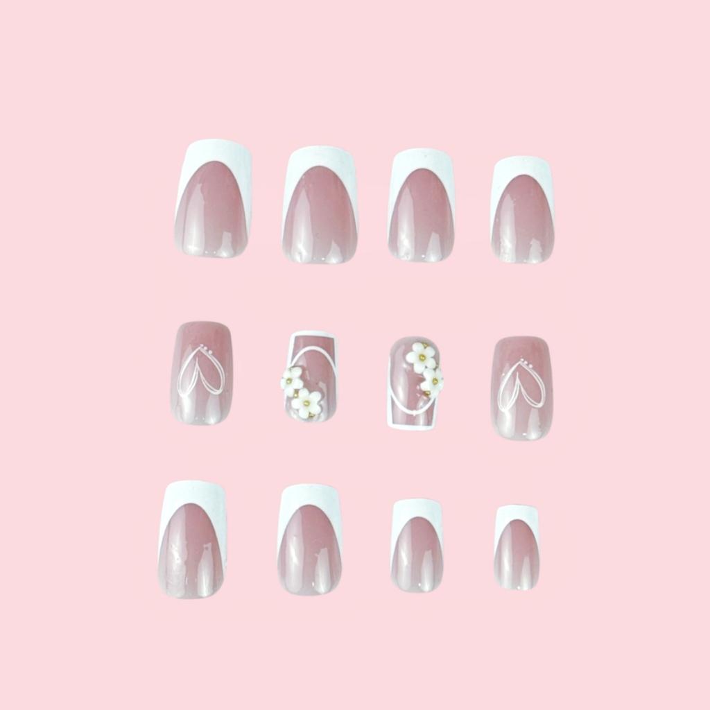 Short European Square Manicure Wearing White French Ins Small Clear Fresh Air Small Flower Love Valentine'S Day Sticker White
