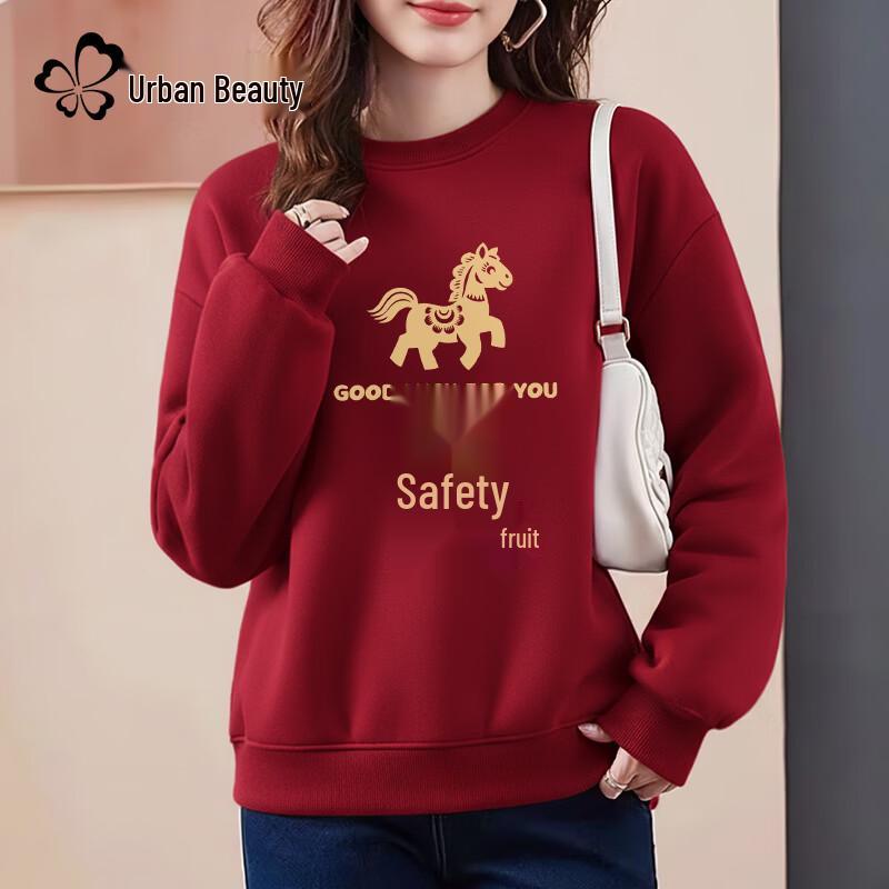 Dushi Liren Women s Fleece-Lined Year of the Horse Red Sweatshirt M
