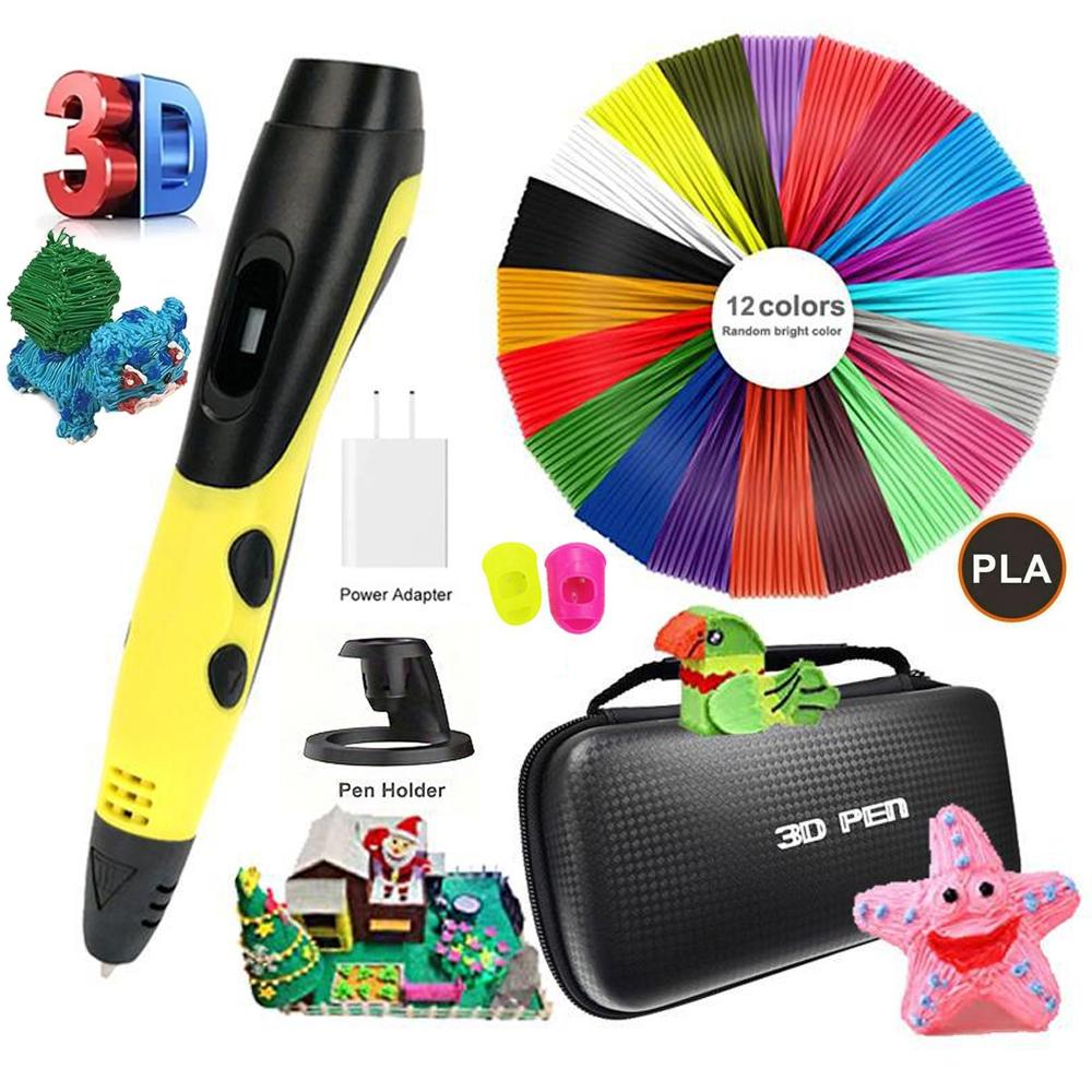 

3D ручка для печати с 12 цветами PLA-пластика, поддержка ABS/PLA-пластика, DIY-рисование, подарок для детей с ЖК-экраном - Желтая