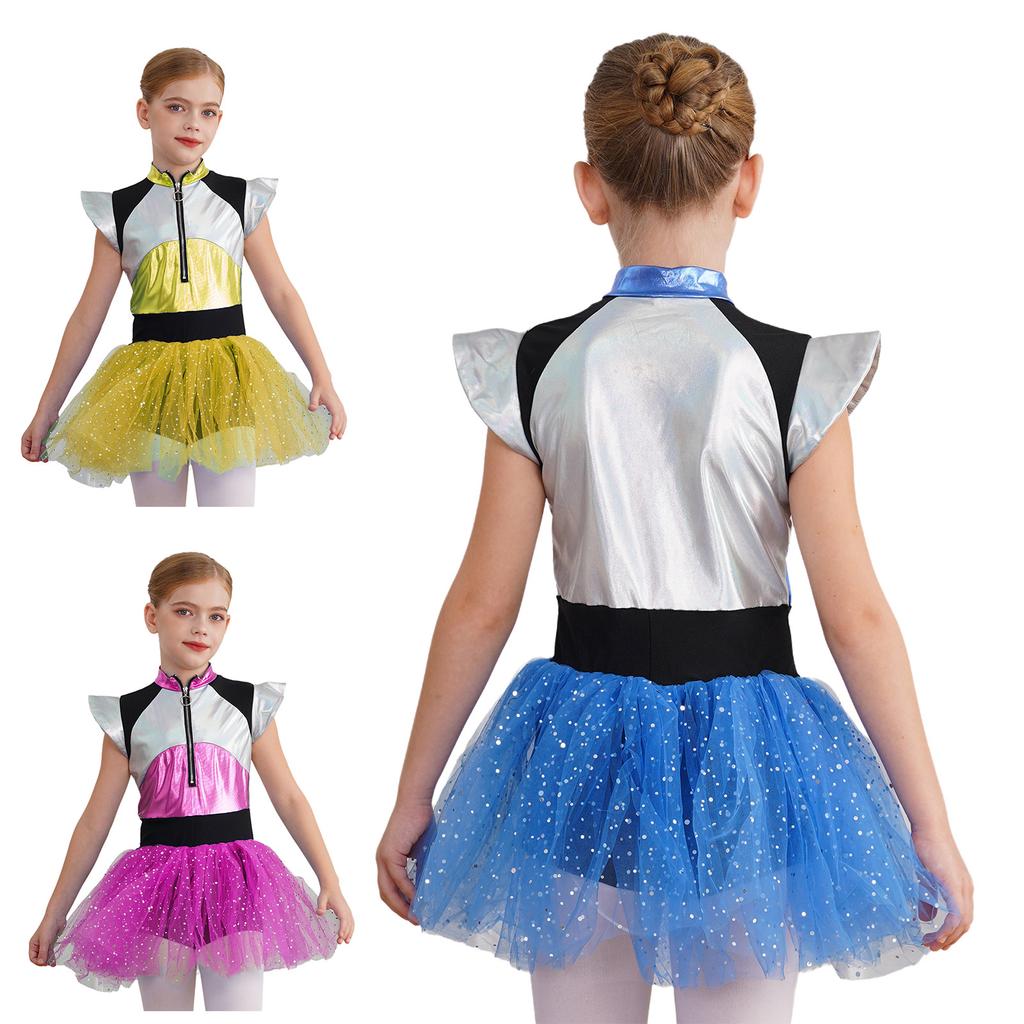 Kinder Mädchen Alien Kostüm Halloween Cosplay Party Tanz Kurzarm Trikot Tutu Kleid