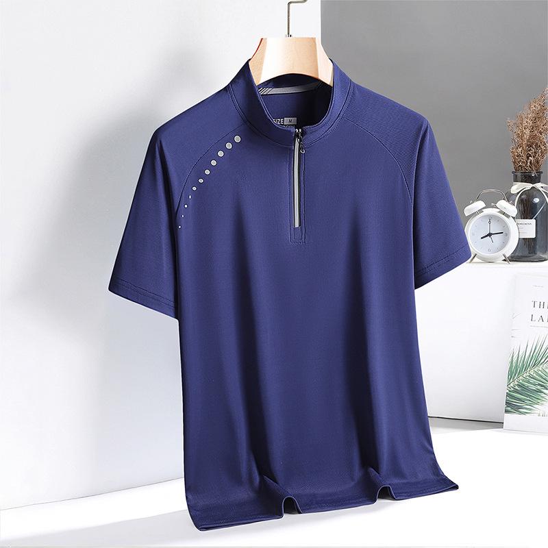 Tricou cu uscare rapidă pentru bărbați, sporturi în aer liber, fitness, cu mâneci scurte, gât rotund, cu jumătate de fermoar, guler ridicat, tricou din mătase de gheață