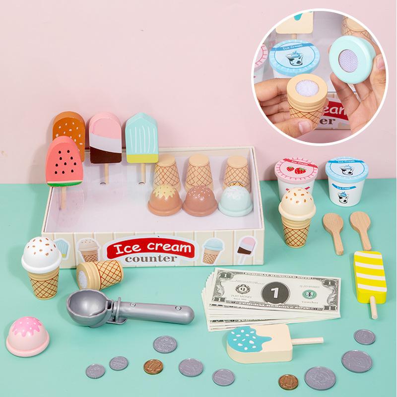 Wooden Pretend Toys Simulation Ice Cream Counter Playset Pretend Play Toys Kitchen Accessories Montessori Learning Toy for Kids