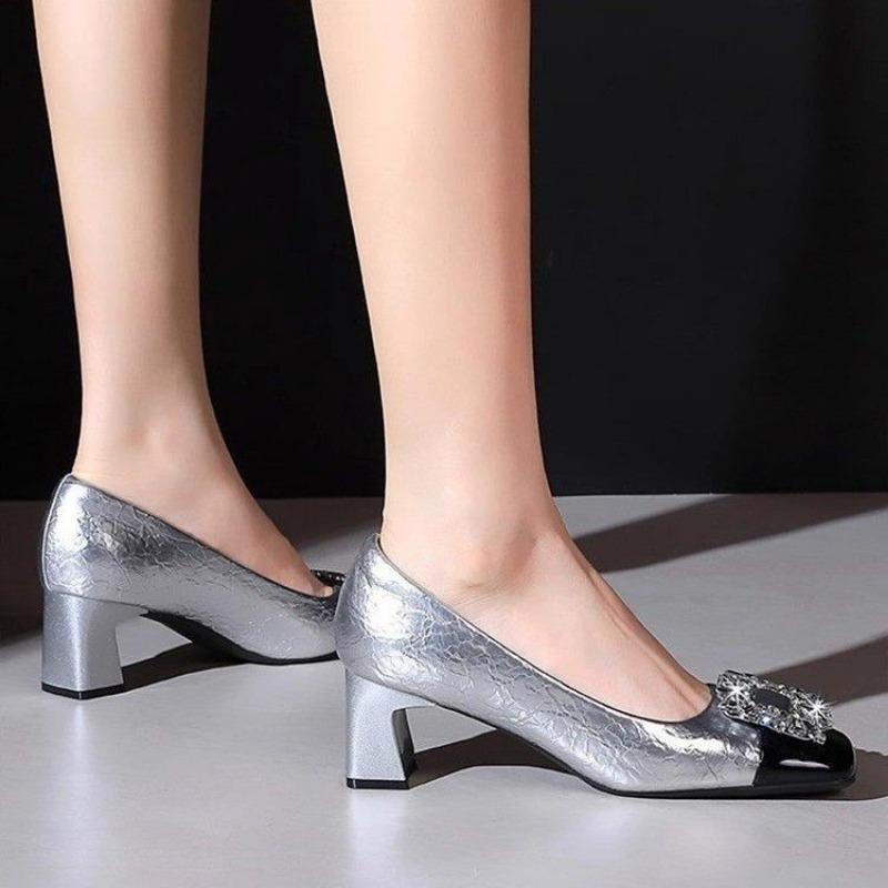 Women's Thick Heel Shoes Fall New Square Head Shallow Mouth Crystal Buckle Anti-slip Wear-resistant Low-top Shoes