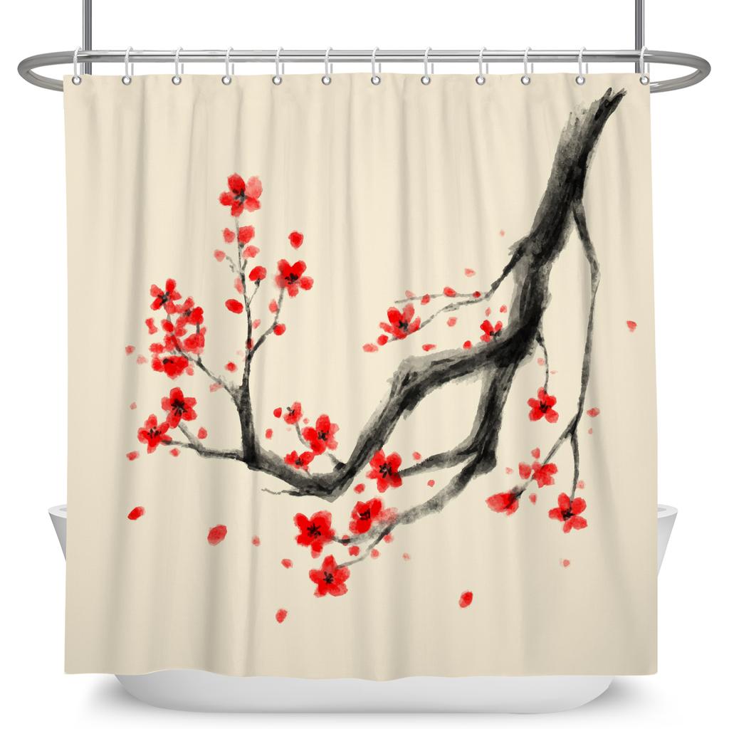 Chinese Style Plum Blossom Shower Curtain with Hooks Waterproof Polyester Bathroom Curtain Ink Painting for Home Decor 180x180cm