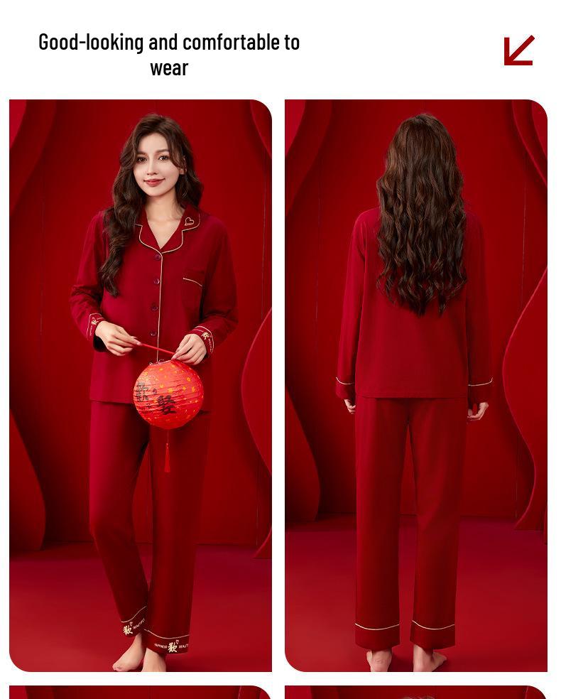 Joyful Together: Romantic Red Cotton Couple Pajamas - Wedding Festive, Comfortable and Long-Lasting.