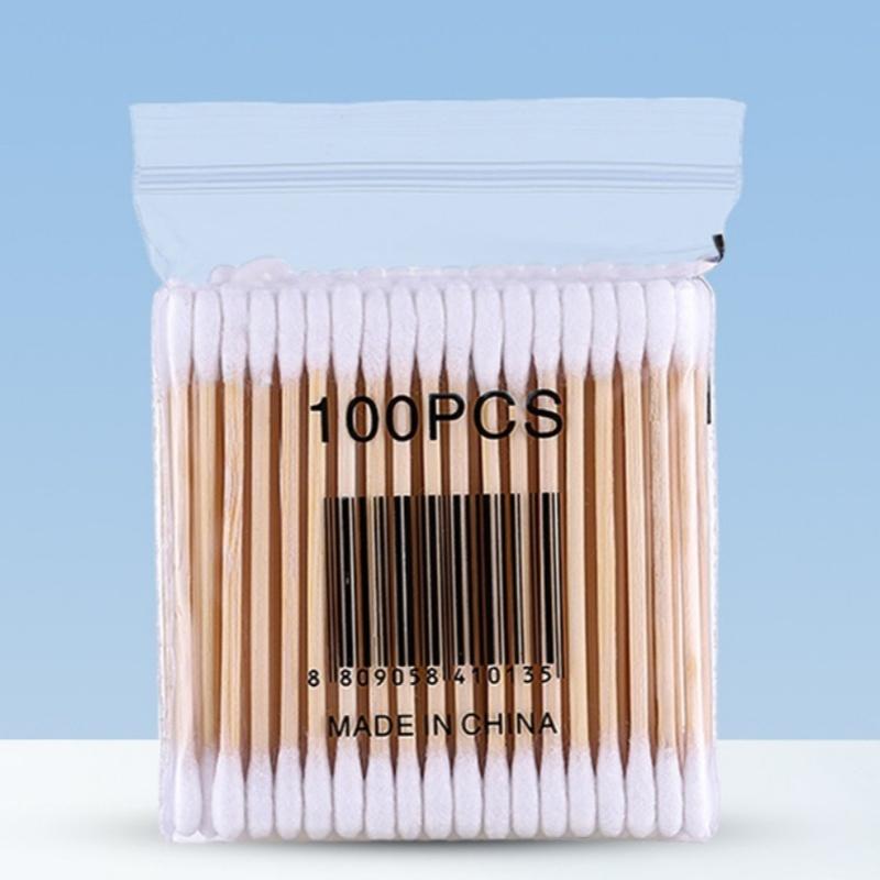Double-ended 100-piece cotton swab, wooden stick, makeup cotton swab, cotton ear cleaner, makeup remover cotton swab, pointed tip