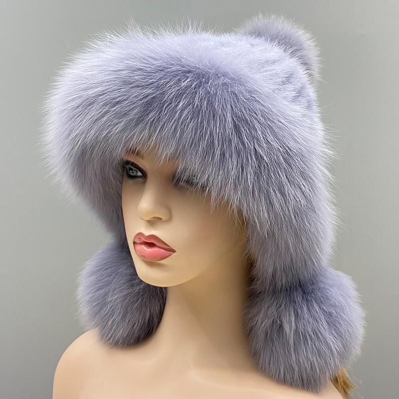Real Mink Fur Hats Knitted Ear Cap Genuine Warm Snow Fluffy Female Fox Fur Hat Outdoor Luxury Woman Hat