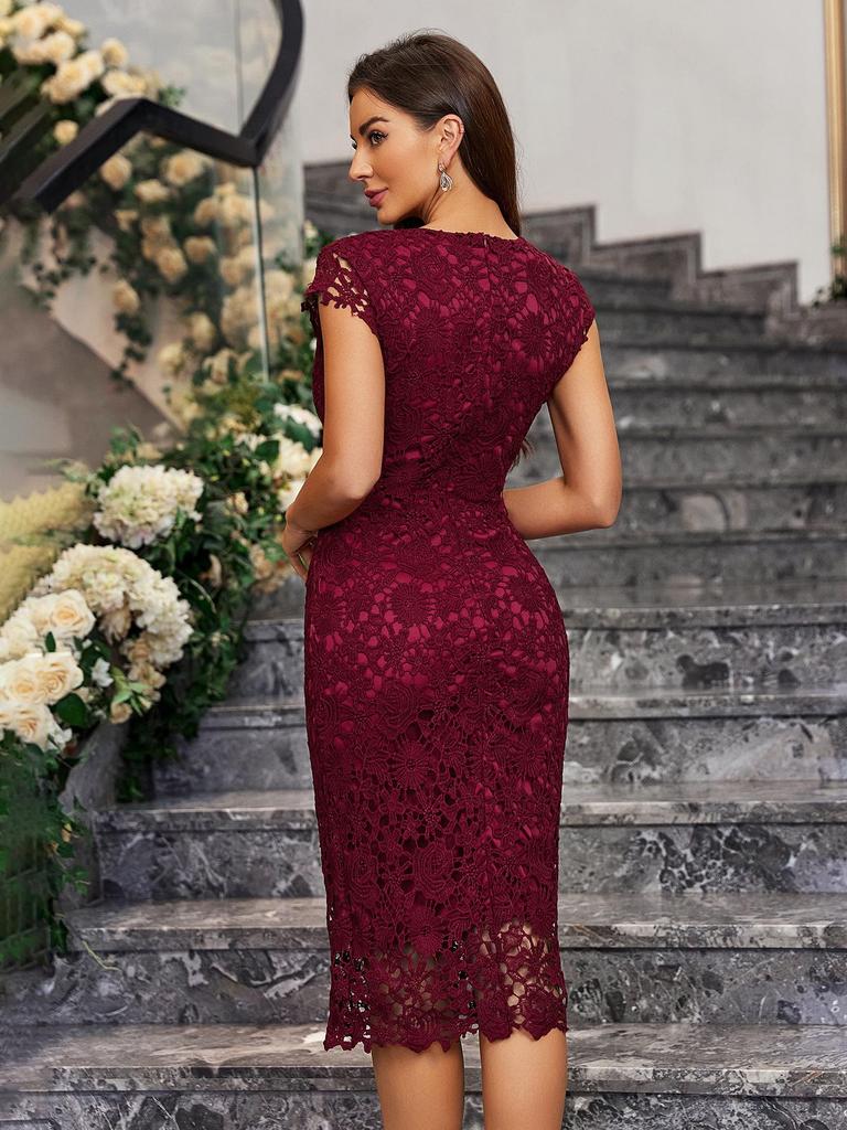 Europäisches & Amerikanisches Spitzen-Bodycon-Bleistiftkleid – Sexy, Figurbetont, Wasserlösliches Design