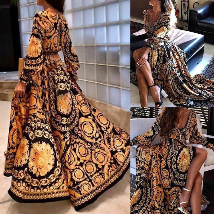 Rochie Maxi Retro de Vară pentru Femei cu Decolteu în V, Mâneci Lungi și Despicătură Laterală, pentru Petrecere de Seară