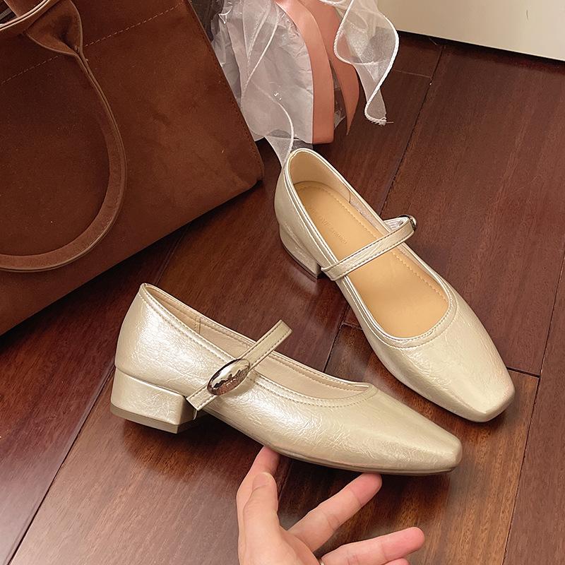 

2025 summer new versatile gold one-word buckle with square head shallow mouth ballet thick heel shoes women s single shoes 40 шампанского
