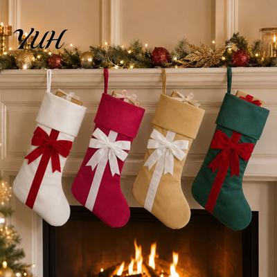 Holiday Home Decorations Christmas Stockings with Bow, 18 Inch Large Velvet Plush Cuff, Gift Storage Bags Hanging Decor for Fireplace And Candy Retro