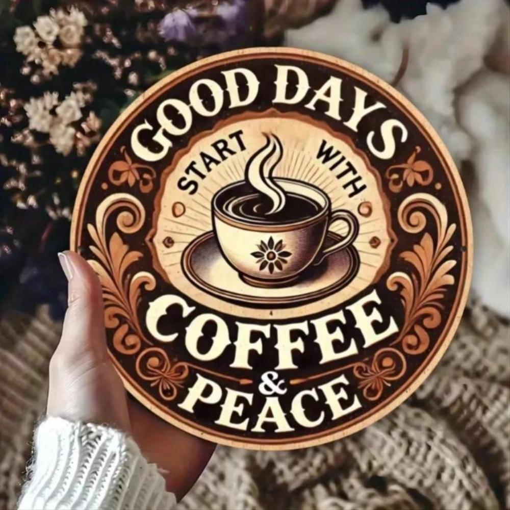 Good Days Start with Coffee Peace Round Metal Sign Waterproof Rustproof Decor for Bar Cafe Kitchen