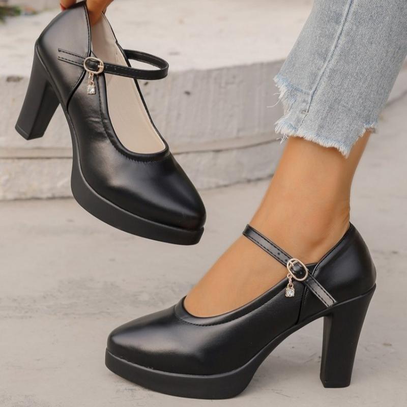 High Heels Plateau Pumps Mujer 2025 Frühling Neue Mode Schnalle Einfarbig Schwarz Schuhe Frau PU Leder Wasserdichte Schuhe Femme