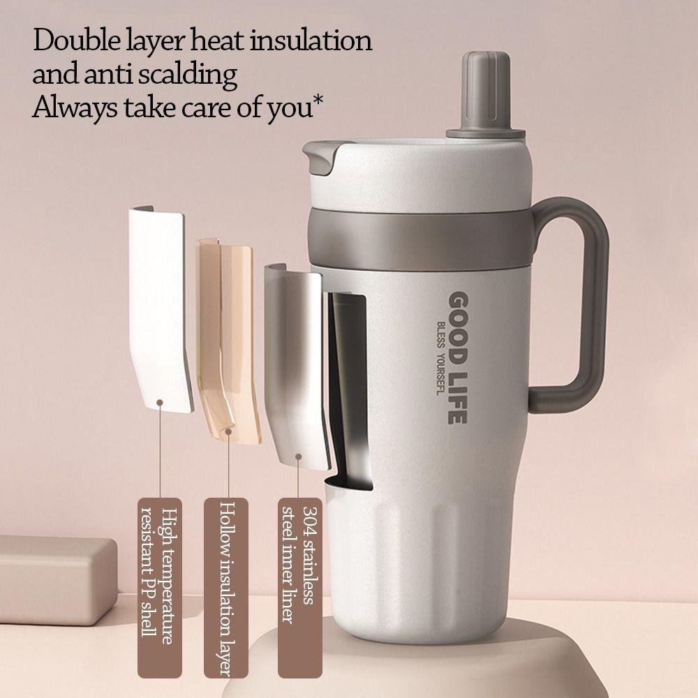 Portable 720ml Vacuum Cup Large Capacity Double Drink Insulated Cup with Handle Insulation Or Cooling Suction Tube Cup Drinkware