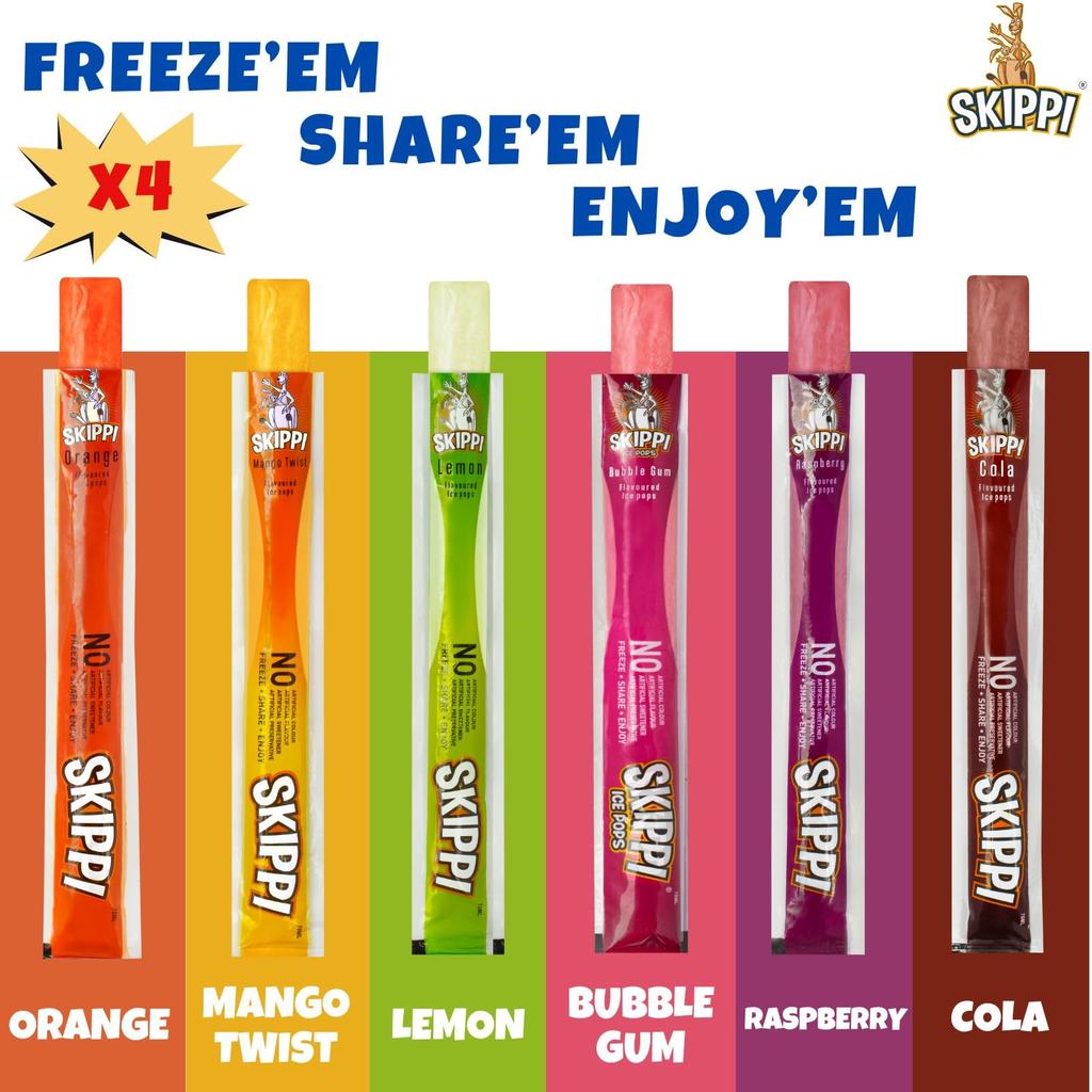 Ghiaccioli Naturali Skippi - Gusti Assortiti (Limone, Mango, Arancia, Lampone, Gomma da masticare, Cola) - 12 x 70 ml - Colori, Aromi 100% Naturali, a