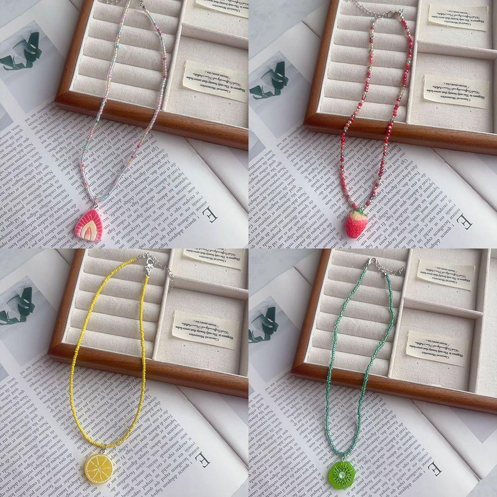 Rice Beads Fruit Pendant Necklace Bohemian Summer Necklace Cute Rice Beads Choker  Summer Wear