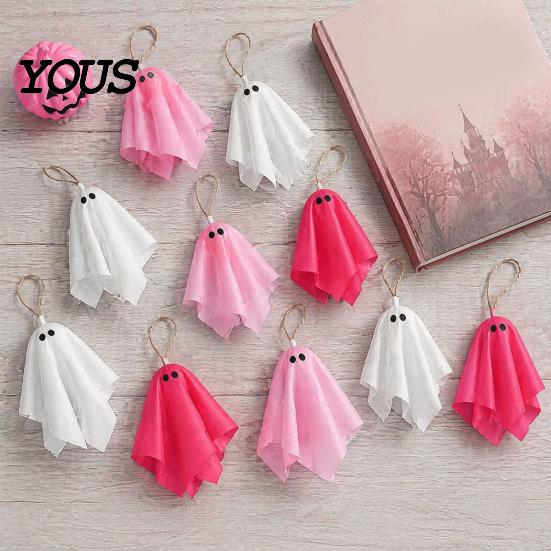Halloween Party Background Decor Ghost Hanging Decor, Pastel Pink White Soft Girly Room Fabric Ornaments, Cute Spooky Home Three Color Garland