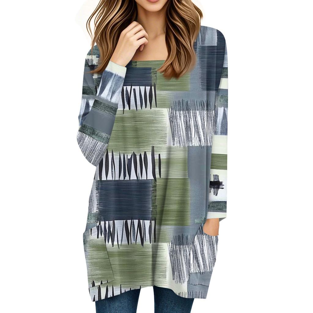 Womens Tops Square Collar Long Sleeve Blouses Casual Mid-length Shirts Fashion Print Tunic Tops With Pockets