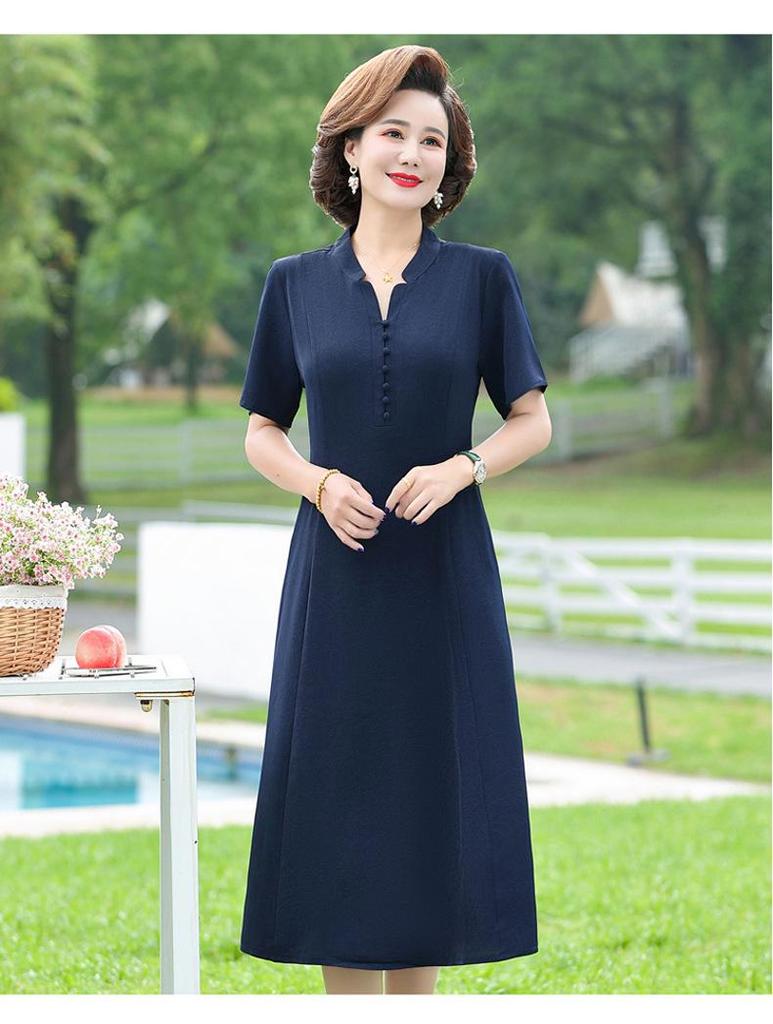 Mom's Plus Size Mid-Length Short-Sleeved Dress - Summer 2025 Elegant Style for Middle-Aged & Elderly Women