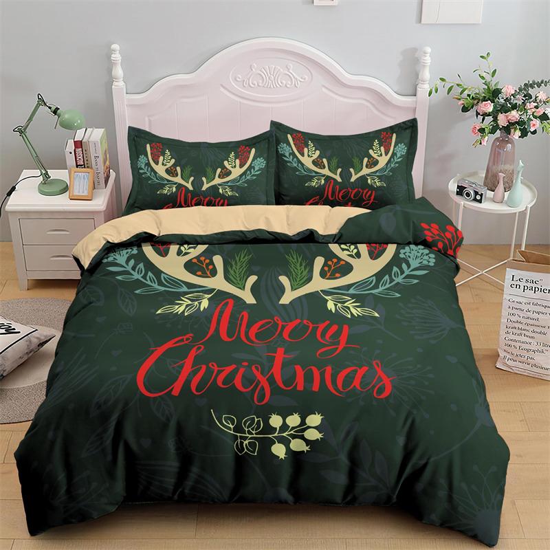 Merry Christmas Duvet Cover King For Boys Girls Microfiber Santa Claus Cute Deer Cartoon Animals Red Plaid 3D Print Bedding Set