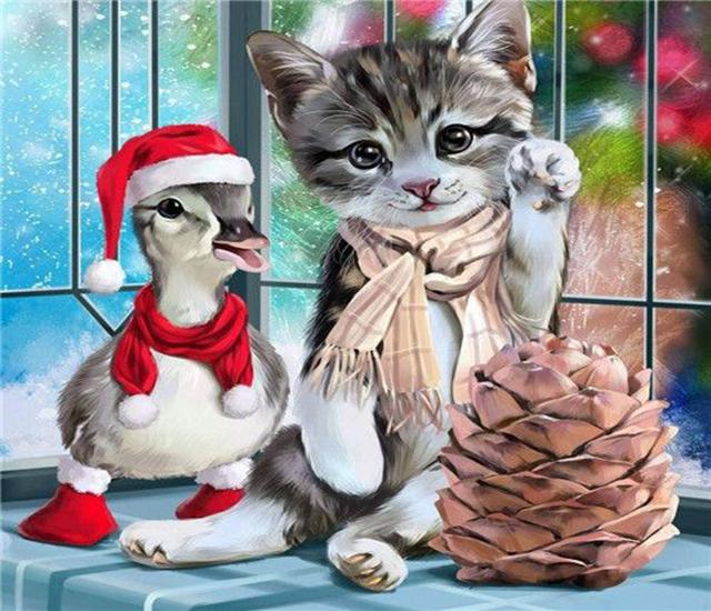 Ruopoty DIY Frame Picture By Numbers Cat Animal HandPainted Wall Art Unique Gift Painting By Number Winter Christmas Gift