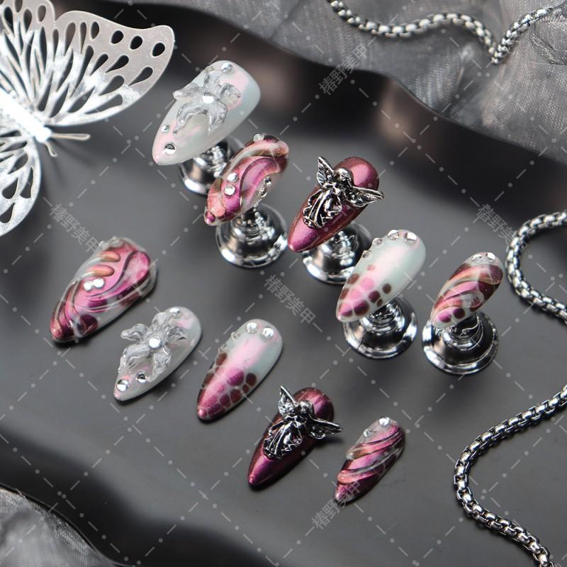 Handmade Gothic Press-On Nails With 3D Floral Carving Purple Red Angel Snake Print Women Almond Shape Acrylic